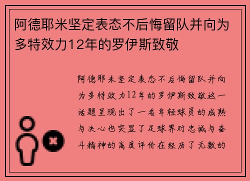 阿德耶米坚定表态不后悔留队并向为多特效力12年的罗伊斯致敬 阿德耶米坚定表态不后悔留队并向为多特效力12年的罗伊斯致敬
