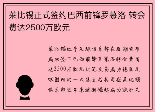 莱比锡正式签约巴西前锋罗慕洛 转会费达2500万欧元 莱比锡正式签约巴西前锋罗慕洛 转会费达2500万欧元