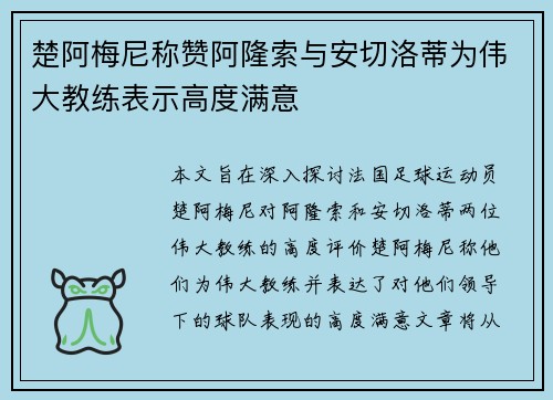 楚阿梅尼称赞阿隆索与安切洛蒂为伟大教练表示高度满意 楚阿梅尼称赞阿隆索与安切洛蒂为伟大教练表示高度满意