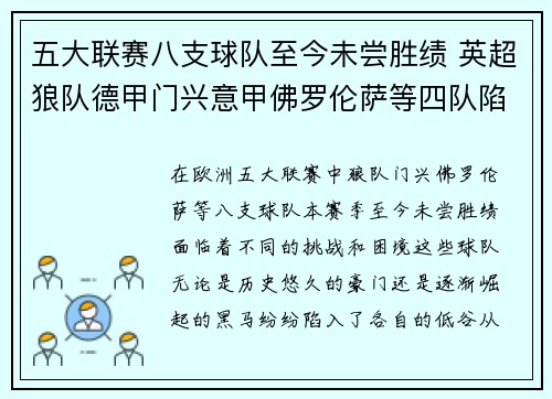 五大联赛八支球队至今未尝胜绩 英超狼队德甲门兴意甲佛罗伦萨等四队陷困境 五大联赛八支球队至今未尝胜绩 英超狼队德甲门兴意甲佛罗伦萨等四队陷困境